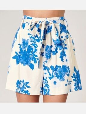Sugarlips Azure Kona Blue Ivory Floral Print High Rise Belted Shorts
